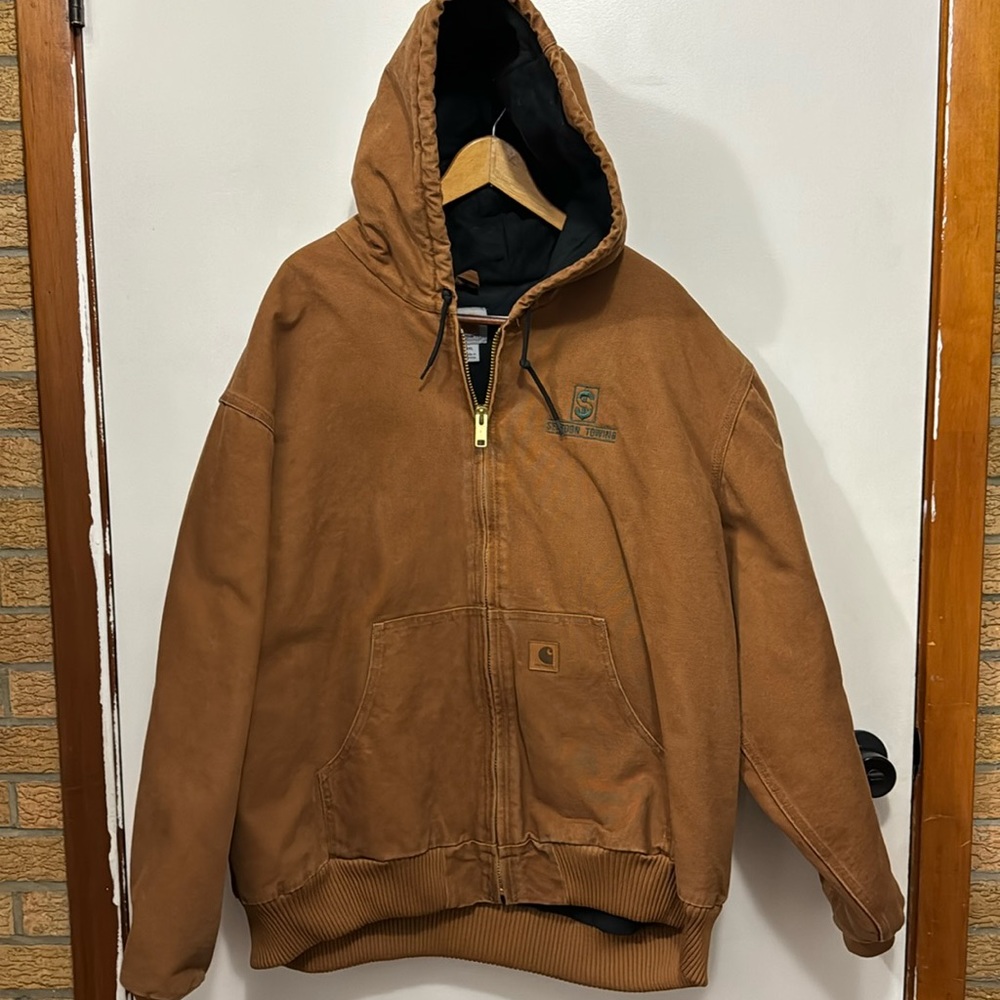 Men’s 3xl carhartt brown canvas lined layered zip hooded coat in great condition